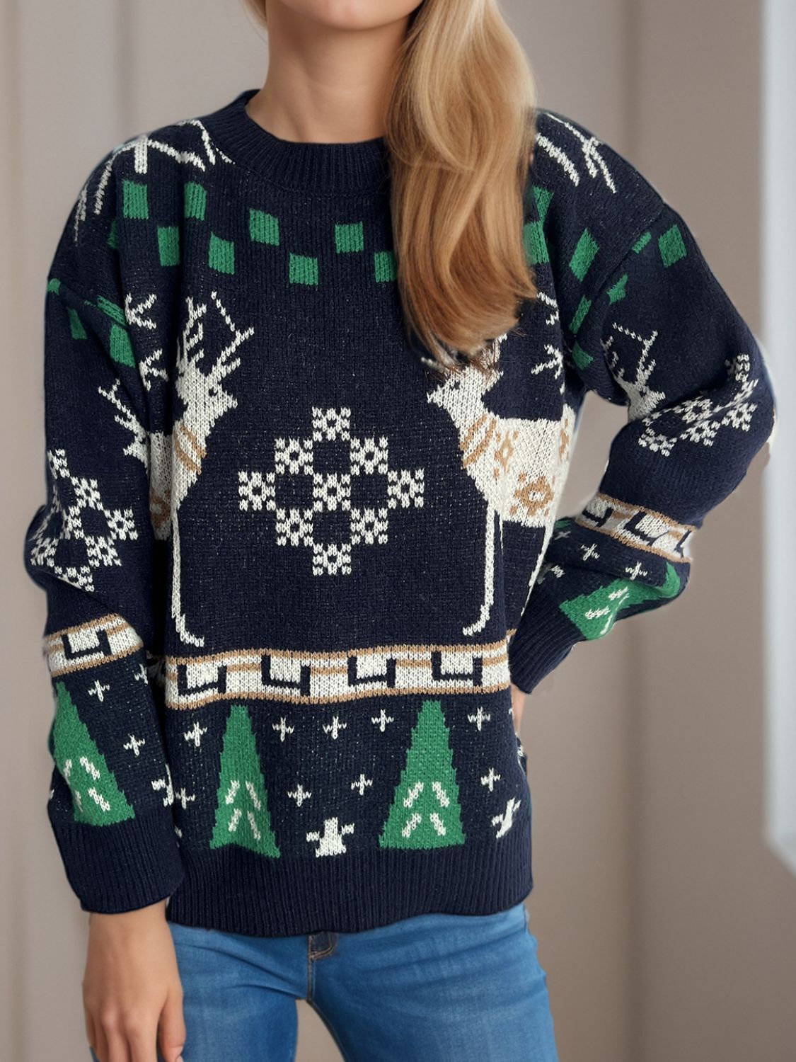 Christmas Element Round Neck Long Sleeve Sweater in indigo
