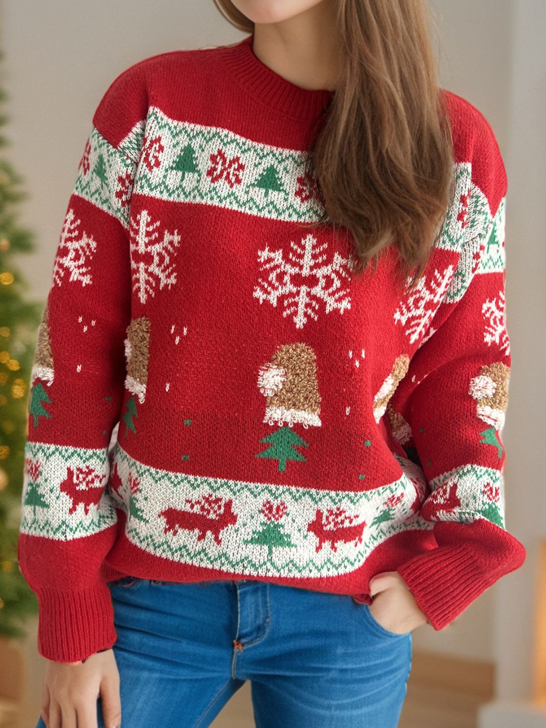 Christmas Element Round Neck Long Sleeve Sweater in deep red