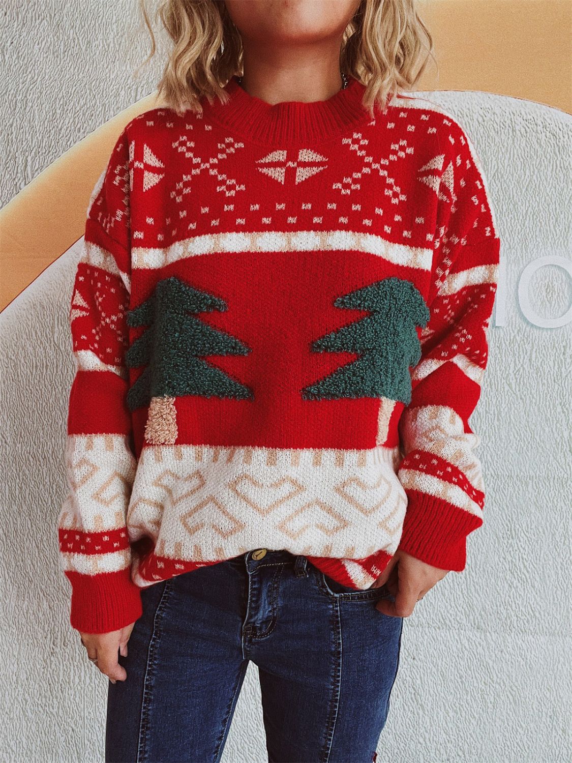 Christmas Tree Mock Neck Long Sleeve Sweater in scarlet