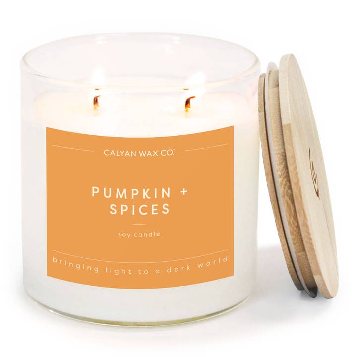 Pumpkin + Spices clear glass tumbler candle with wood top