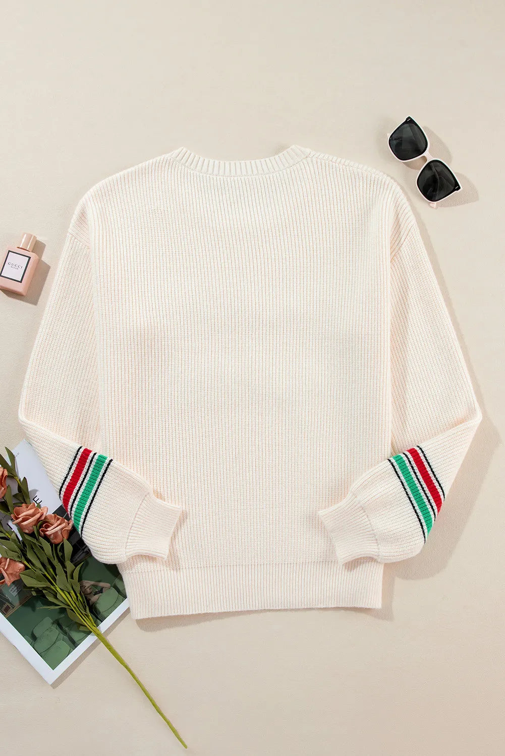Letter Round Neck Long Sleeve Sweater in ivory