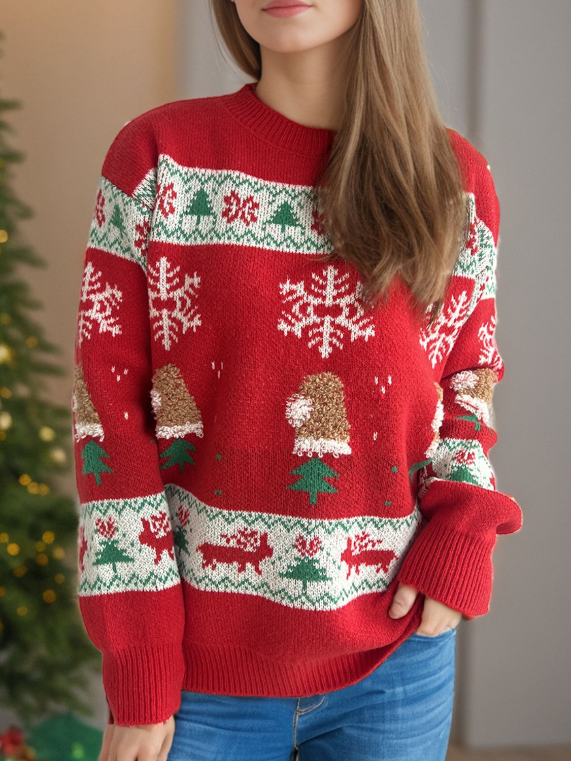 Christmas Element Round Neck Long Sleeve Sweater in deep red