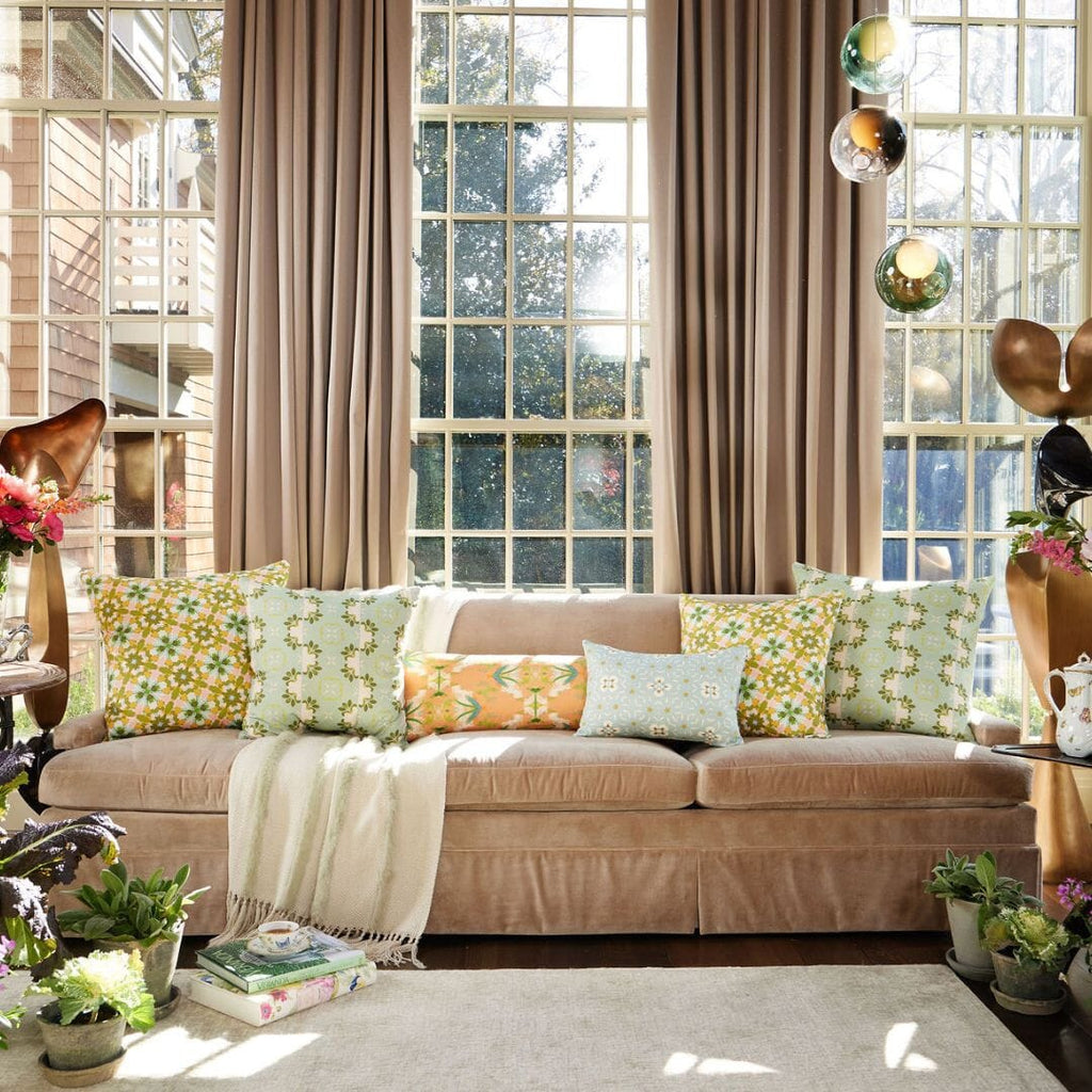 Primrose Blue Throw Pillow lifestyle sofa display