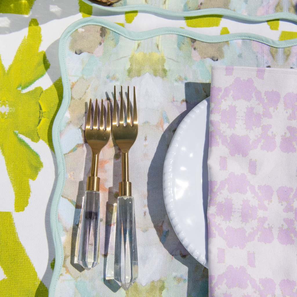 Martini Olives Scalloped Placemats and Mosaic Lavender Scalloped Dinner Napkin