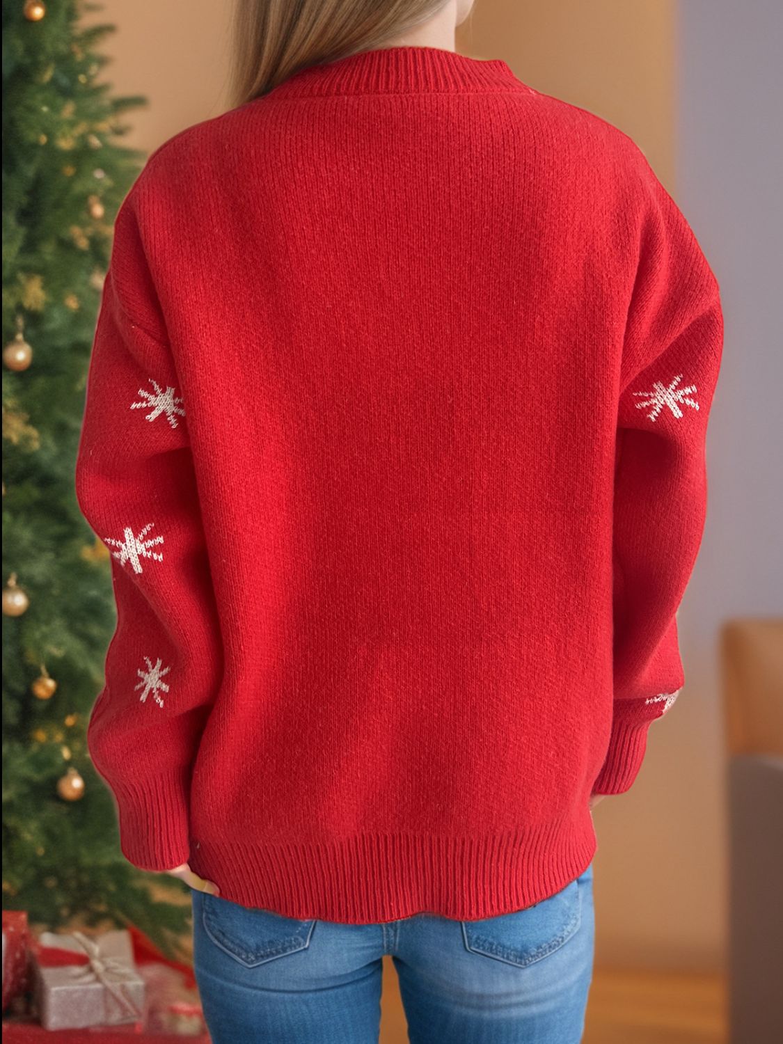 Reindeer Round Neck Dropped Shoulder Sweater in scarlet