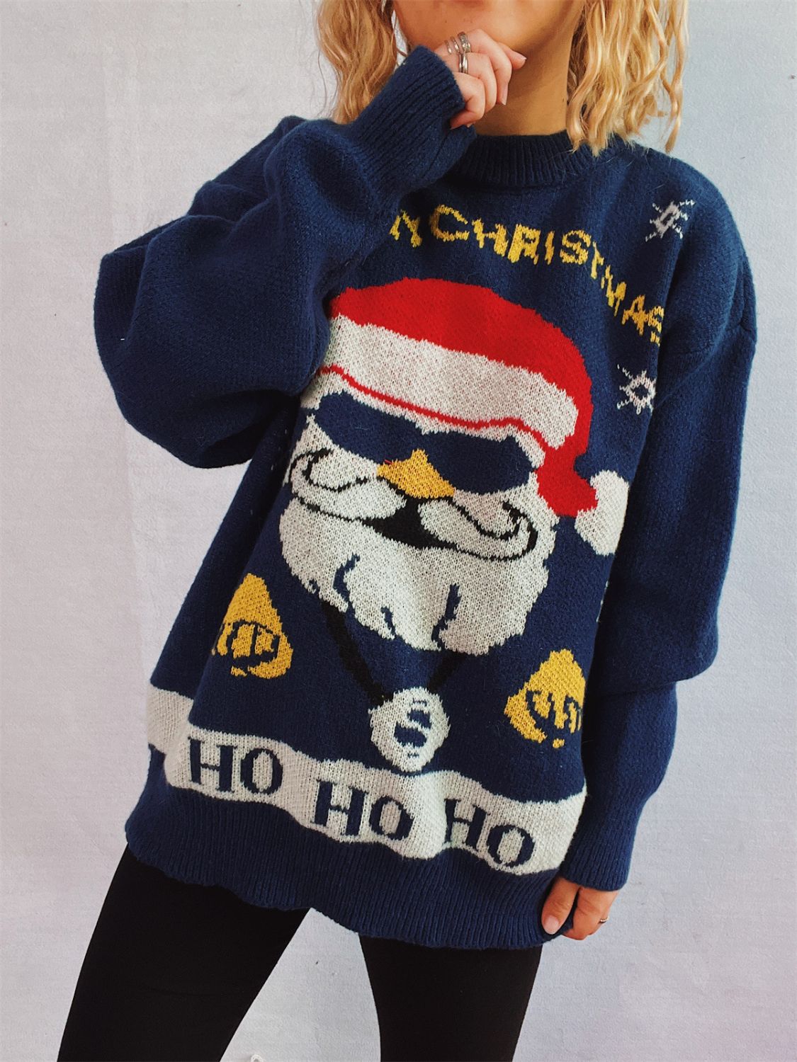 Santa Round Neck Long Sleeve Sweater in dark blue