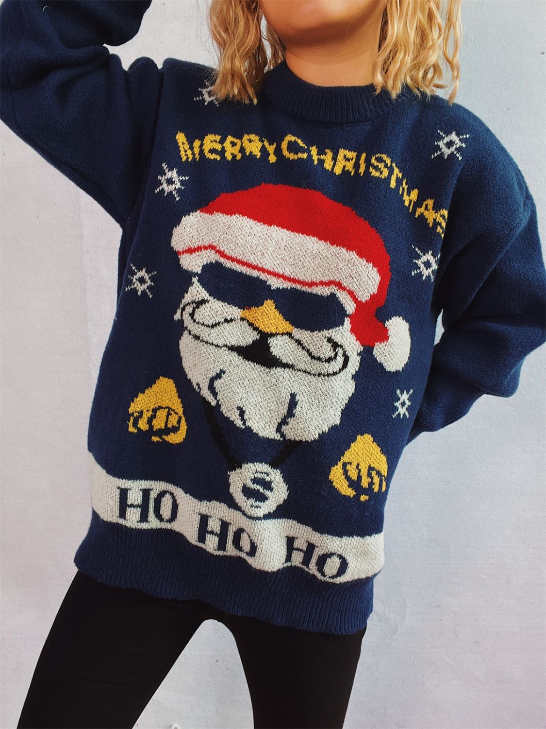 Santa Round Neck Long Sleeve Sweater in dark blue