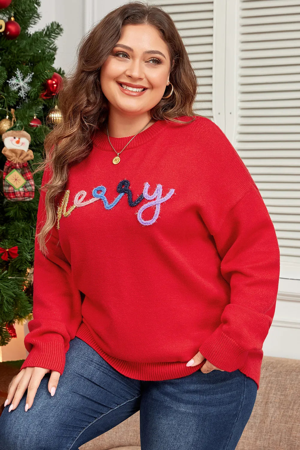 Plus Size MERRY Round Neck Long Sleeve Sweater in deep red