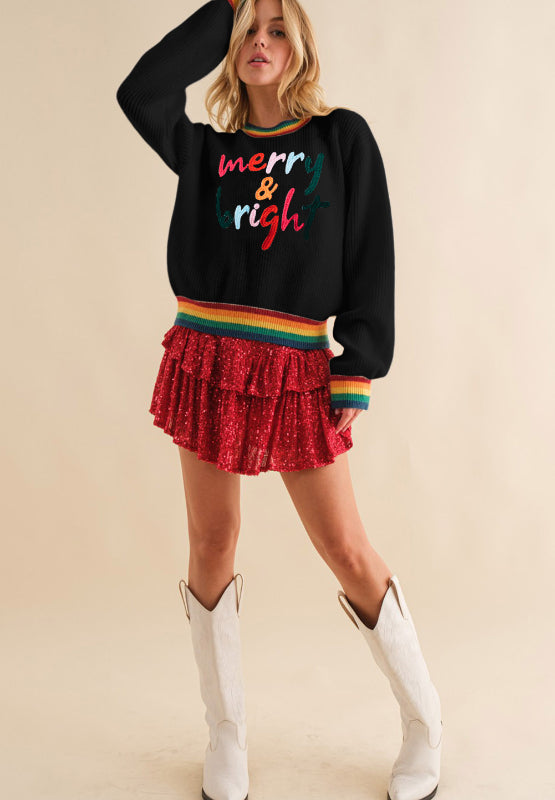 MERRY & BRIGHT Ribbed Round Neck Sweater in black