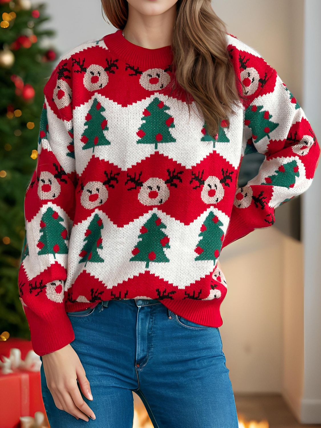 Christmas Element Round Neck Long Sleeve Sweater in scarlet