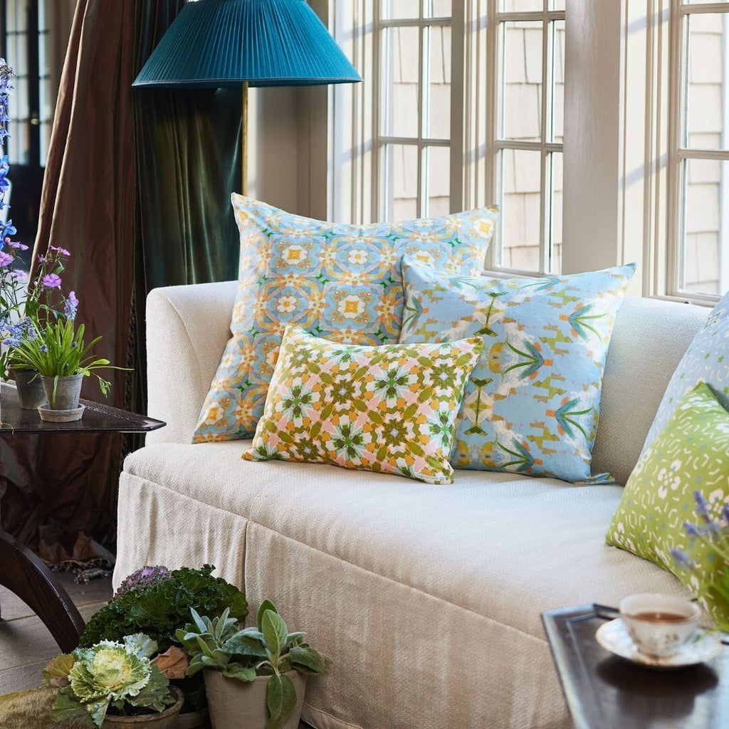 English Garden Blue Throw Pillow sofa display