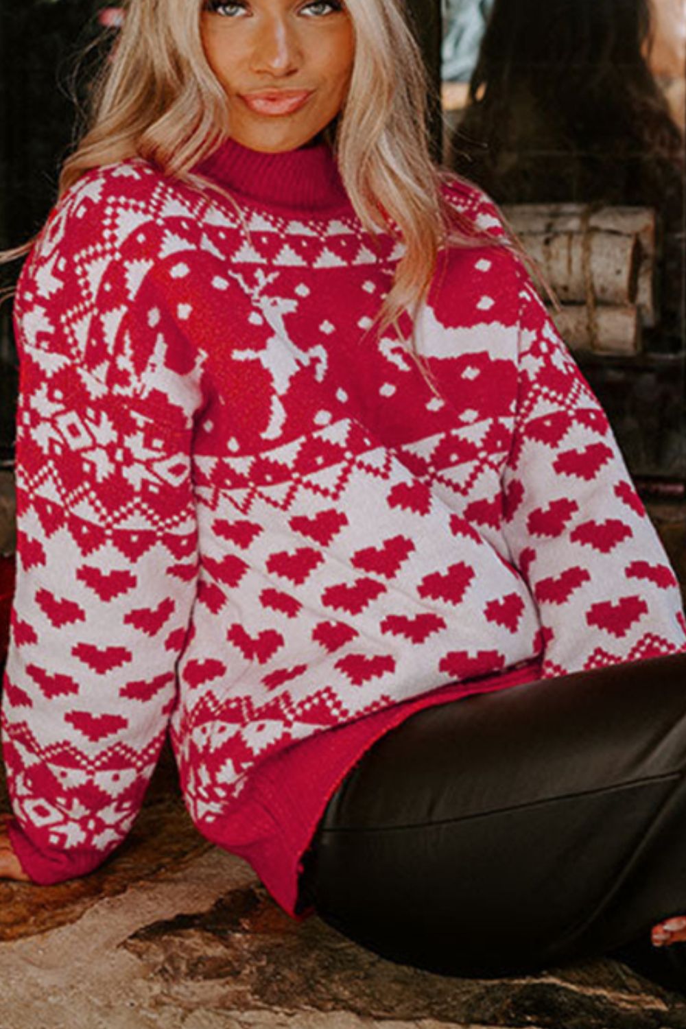 Christmas Element Turtleneck Long Sleeve Sweater in fiery red