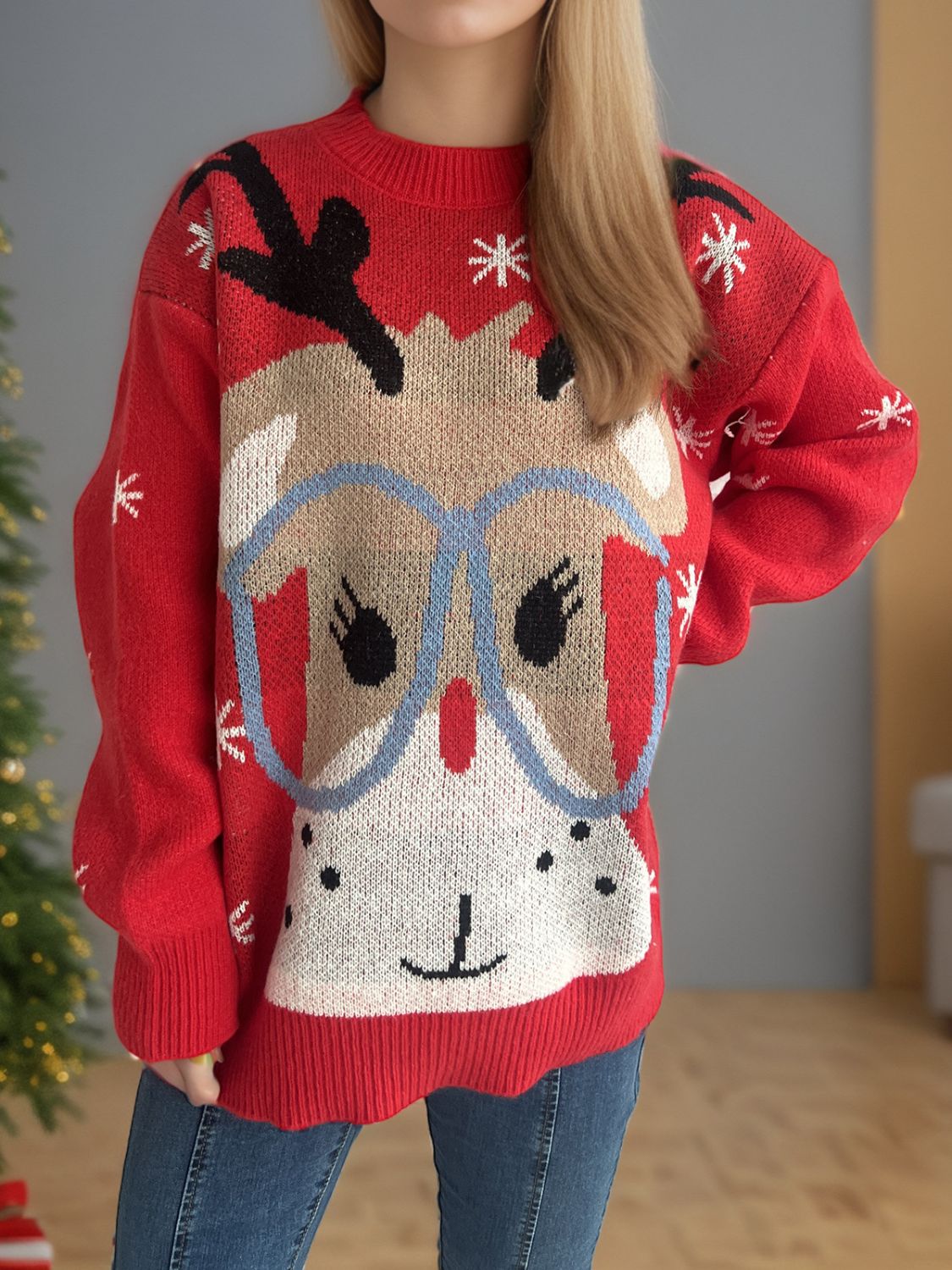 Reindeer Round Neck Dropped Shoulder Sweater in scarlet