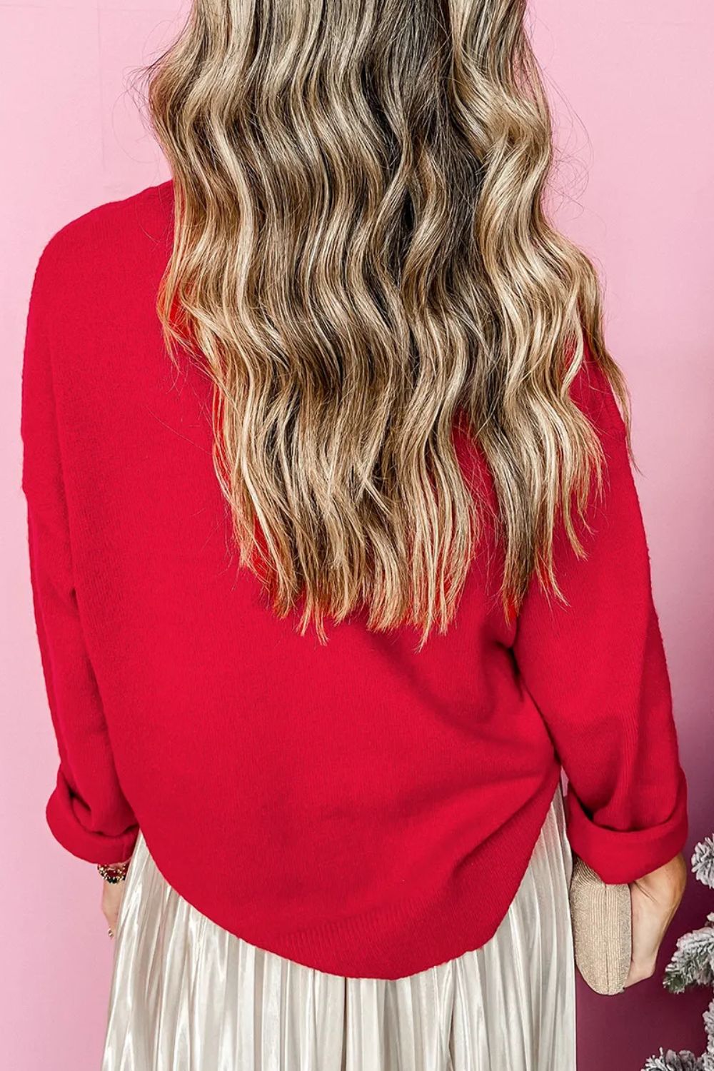 MERRY Round Neck Long Sleeve Sweater in deep red