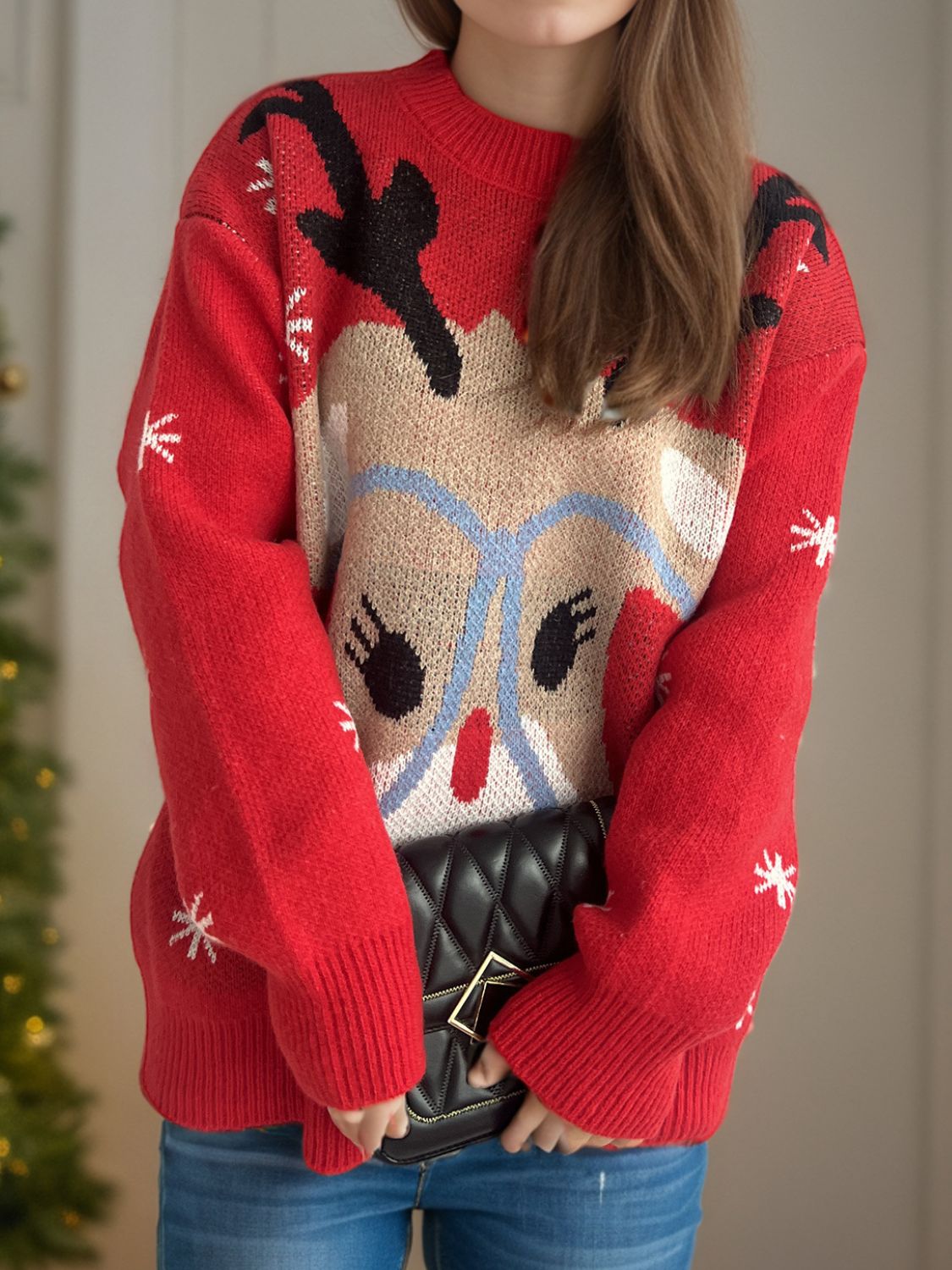 Reindeer Round Neck Dropped Shoulder Sweater in scarlet