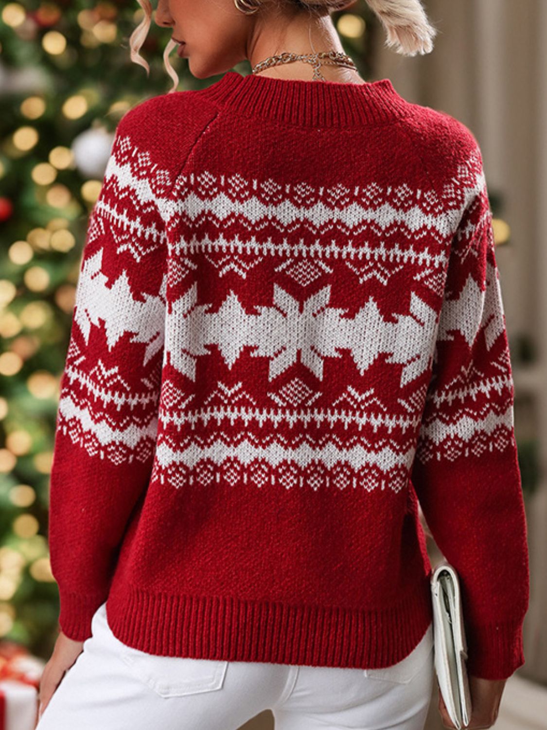 Perfee Geometric Round Neck Long Sleeve Sweater in deep red