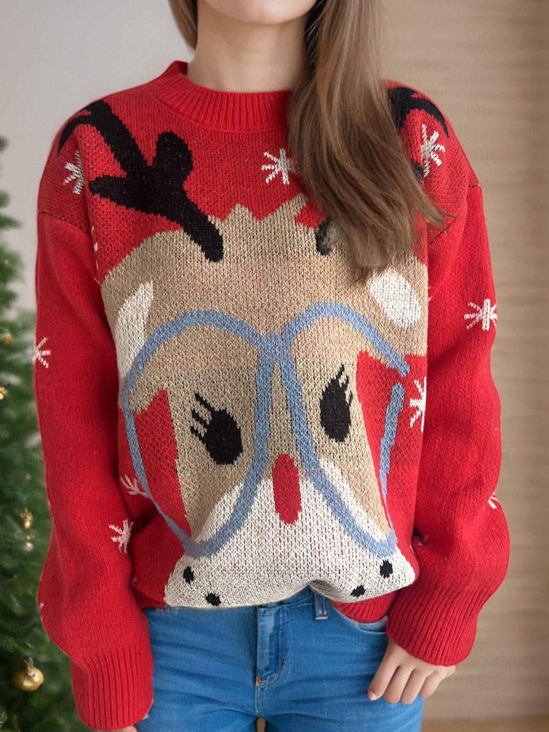 Reindeer Round Neck Dropped Shoulder Sweater in scarlet