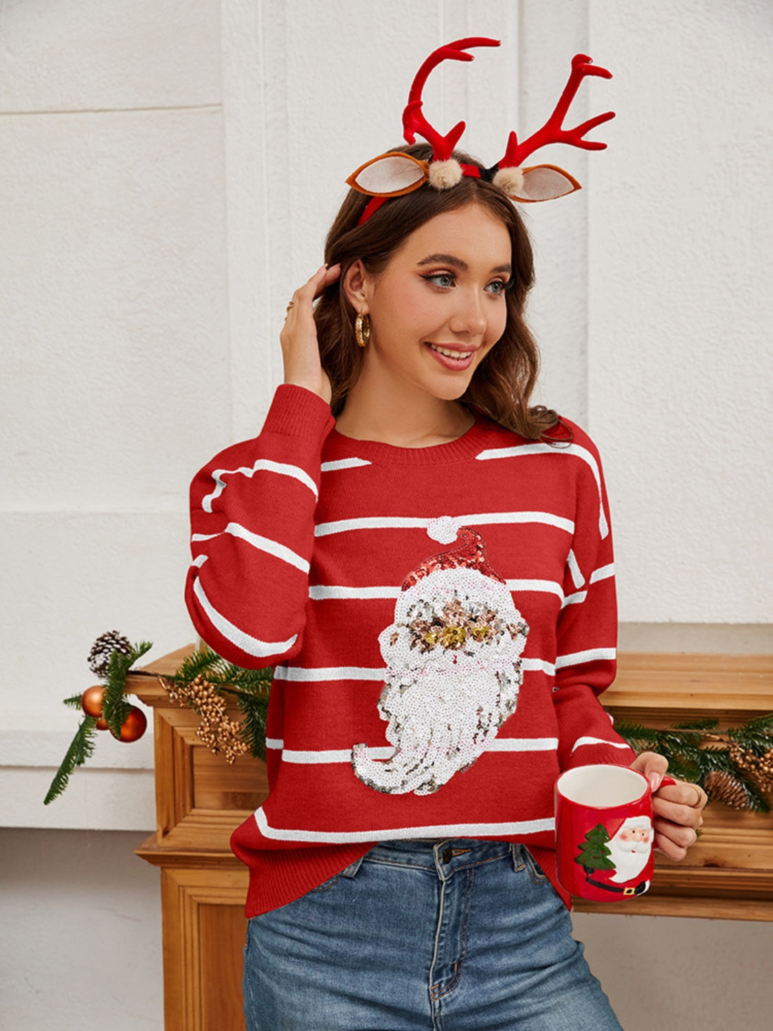 Sequin Santa Striped Round Neck Long Sleeve Sweater in scarlet