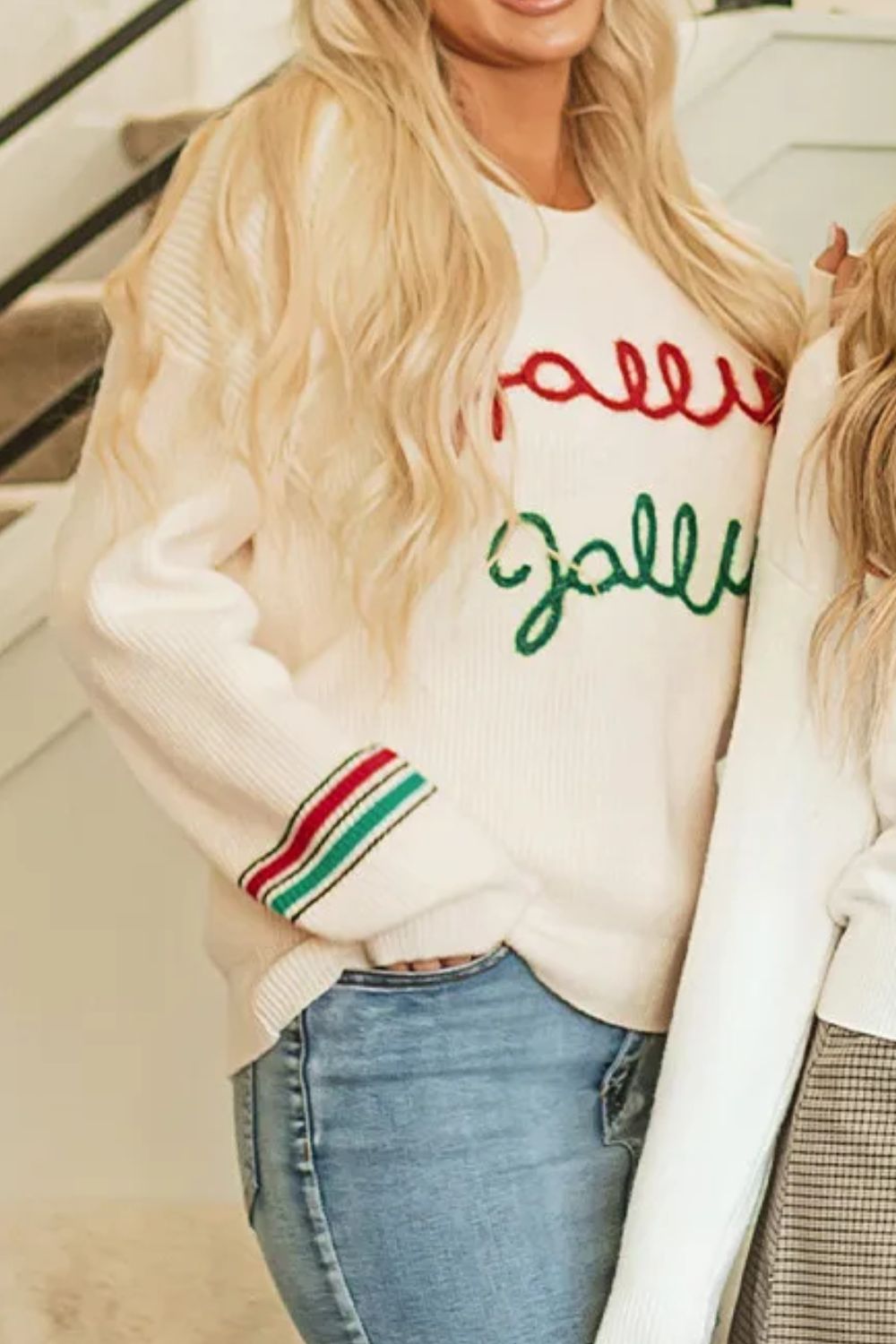 Letter Round Neck Long Sleeve Sweater in ivory