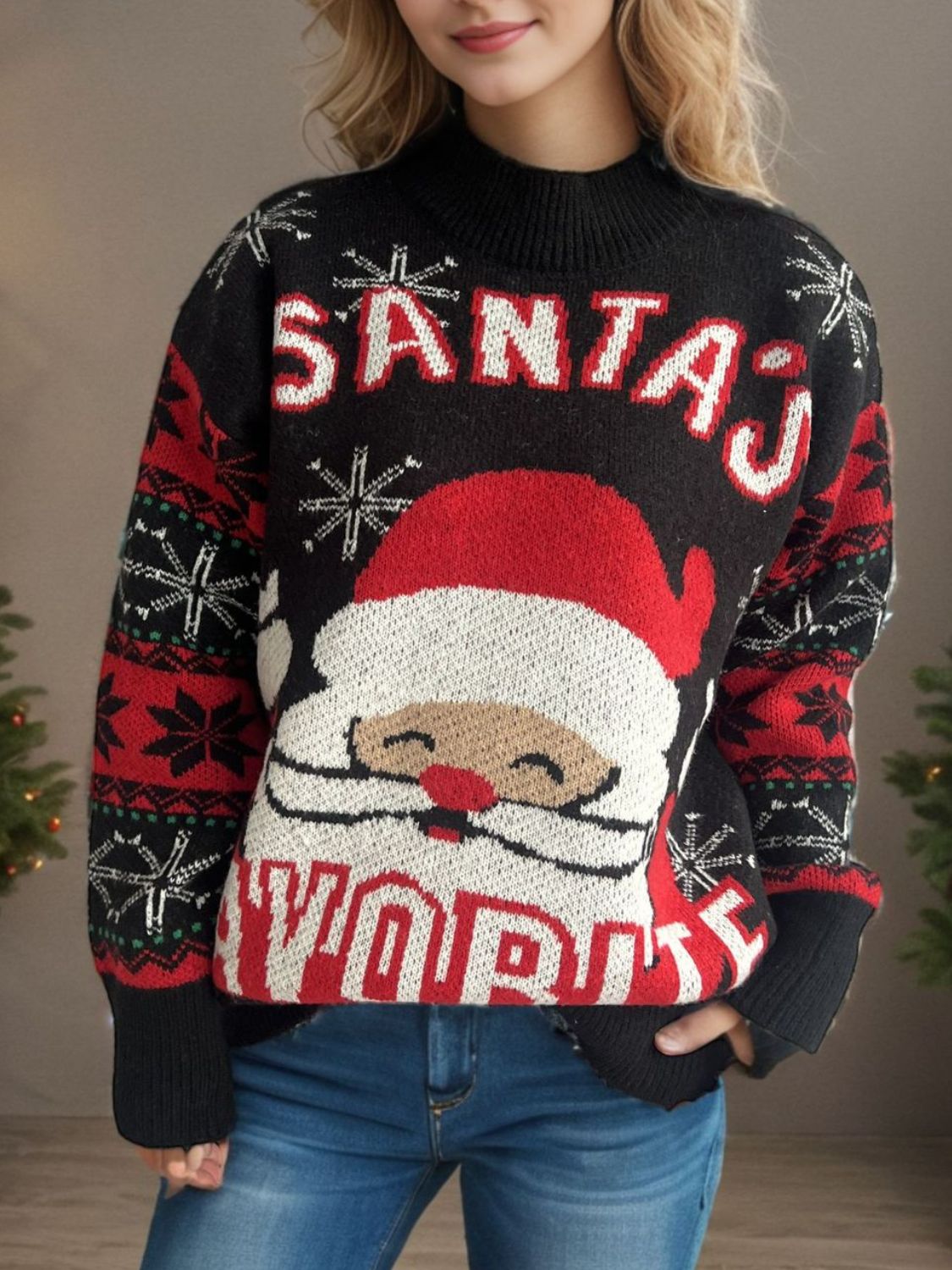 Santa Mock Neck Long Sleeve Sweater in black
