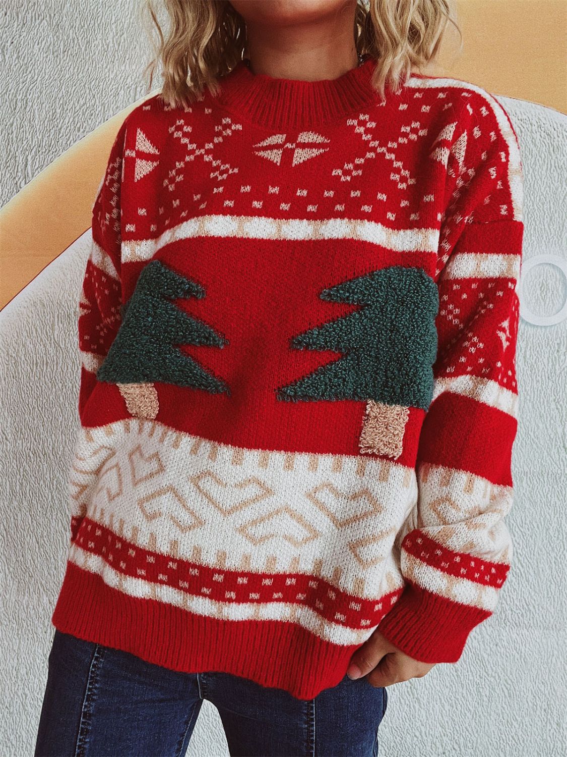 Christmas Tree Mock Neck Long Sleeve Sweater in scarlet