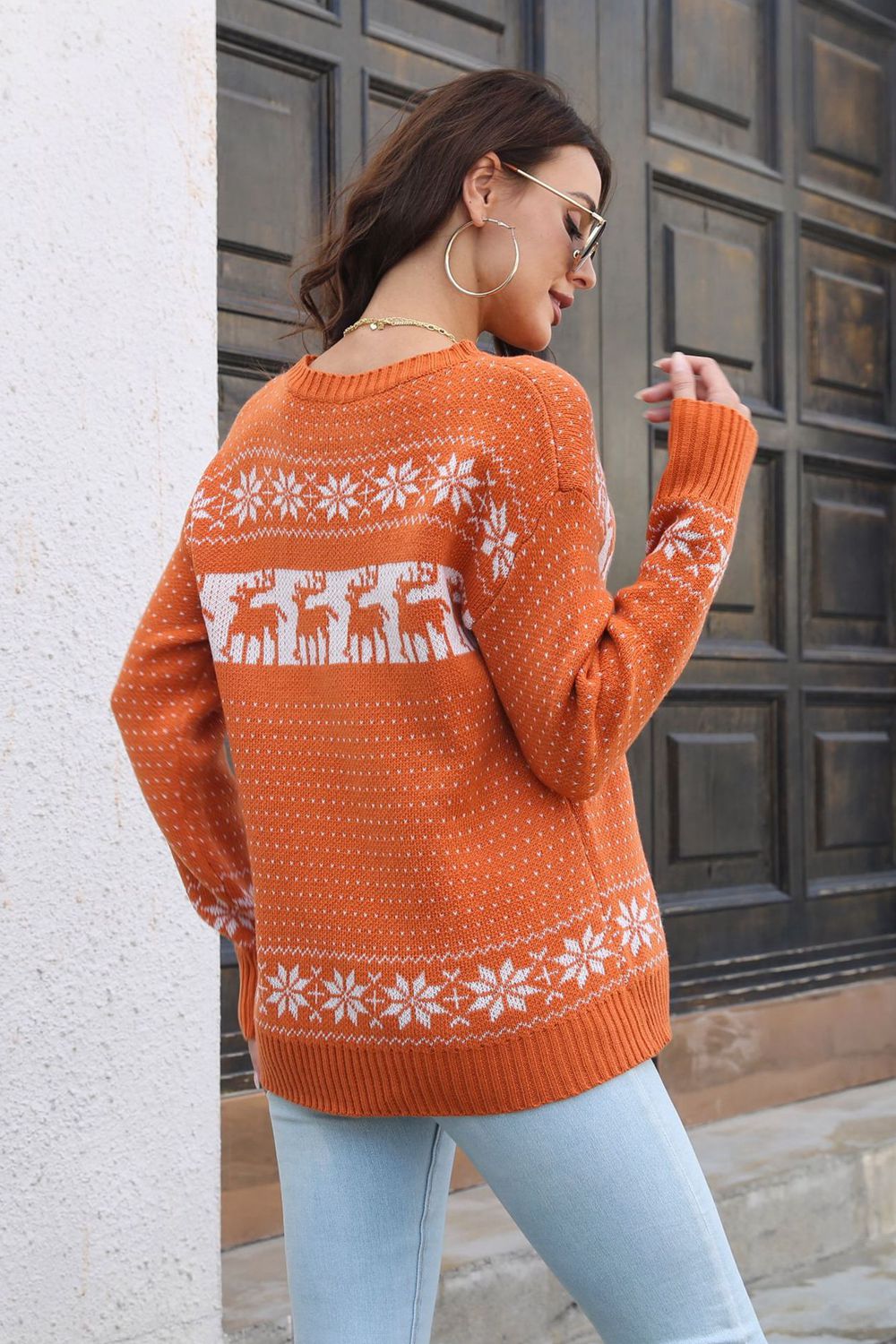 Reindeer & Snowflake Pattern Dropped Shoulder Pullover Sweater in orange