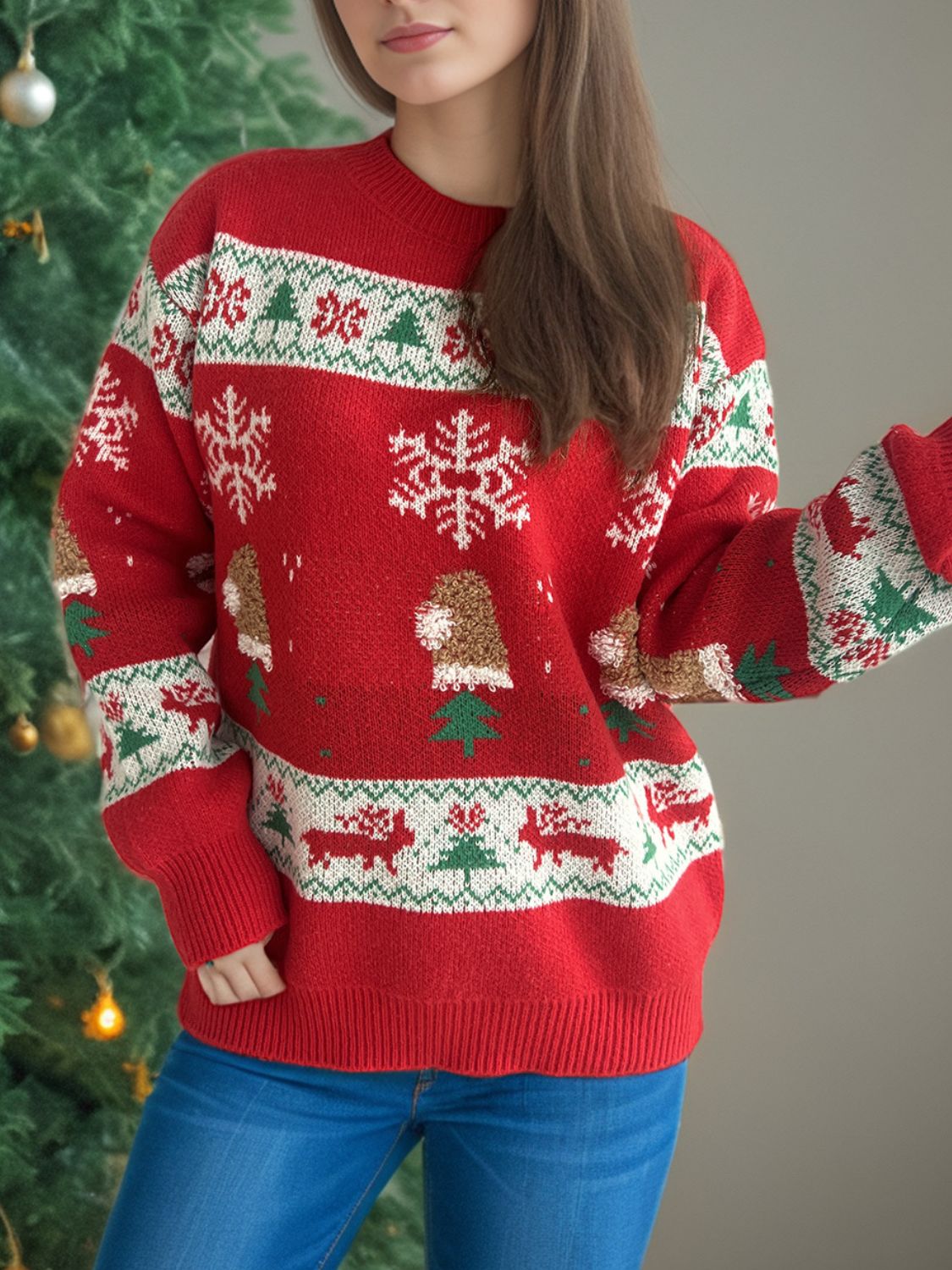 Christmas Element Round Neck Long Sleeve Sweater in deep red