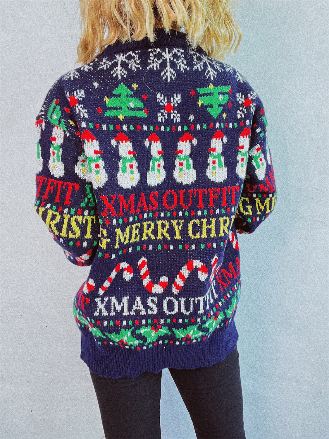 Christmas Pattern Round Neck Long Sleeve Sweater in dark blue