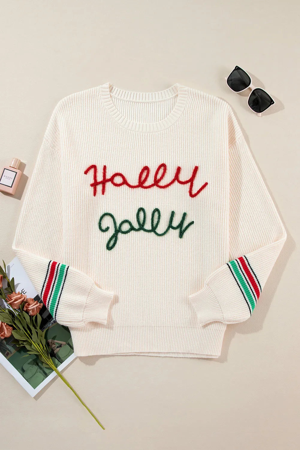 Letter Round Neck Long Sleeve Sweater in ivory