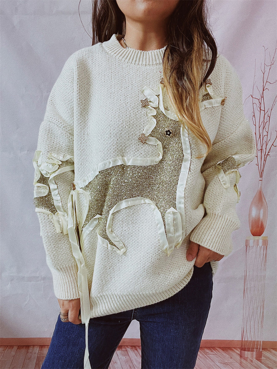 Reindeer Round Neck Long Sleeve Sweater in beige