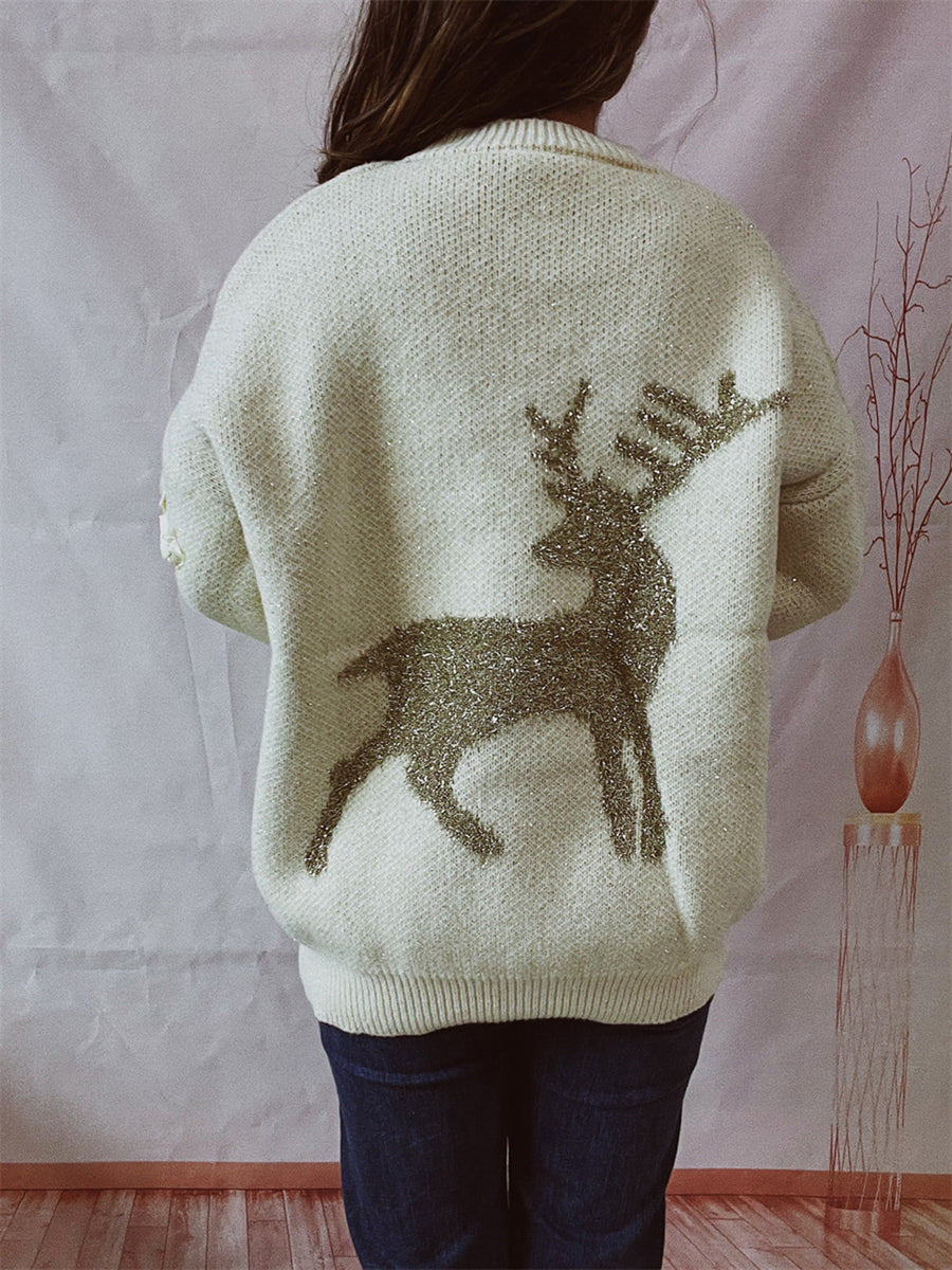 Reindeer Round Neck Long Sleeve Sweater in beige