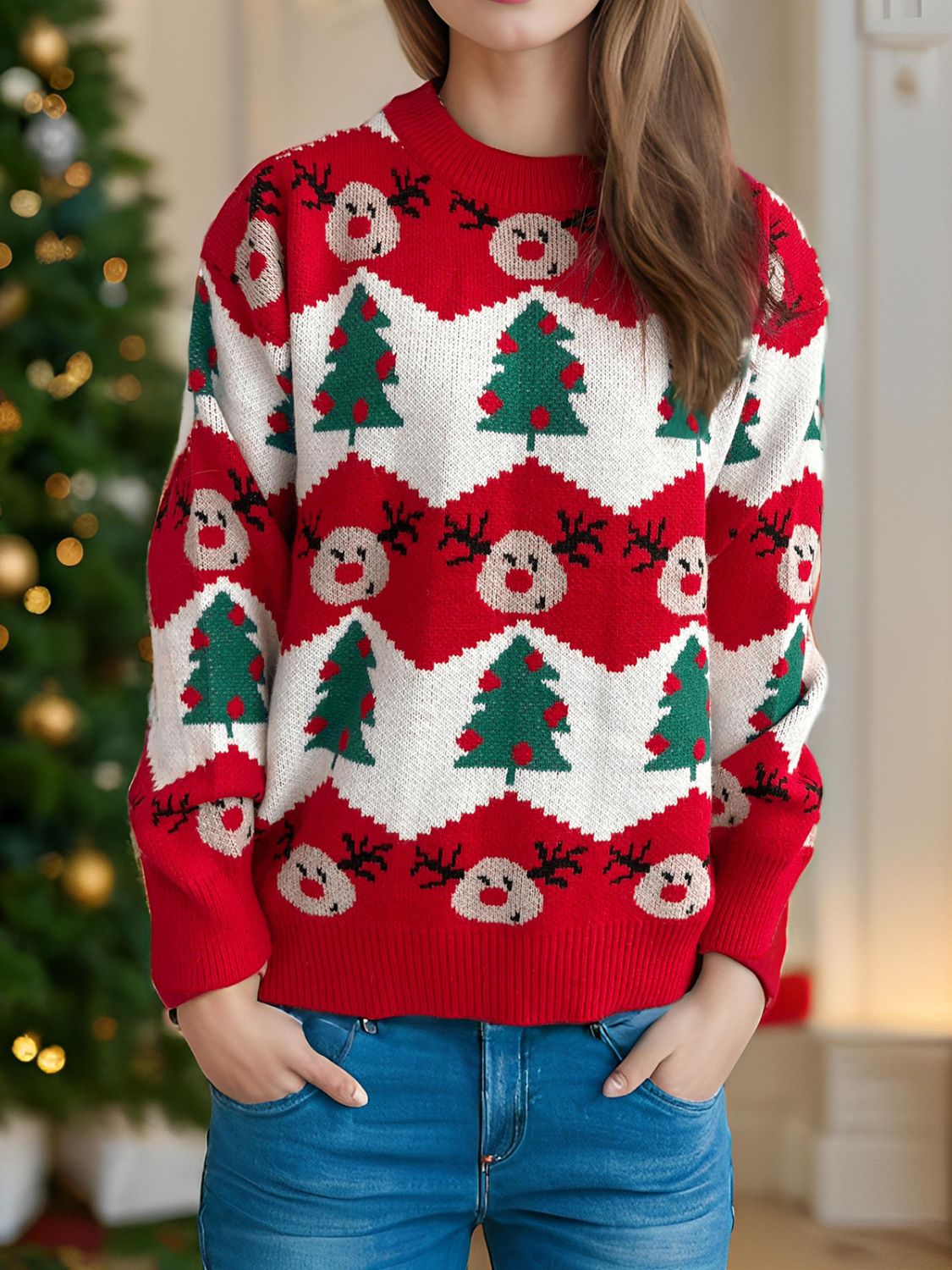 Christmas Element Round Neck Long Sleeve Sweater in scarlet