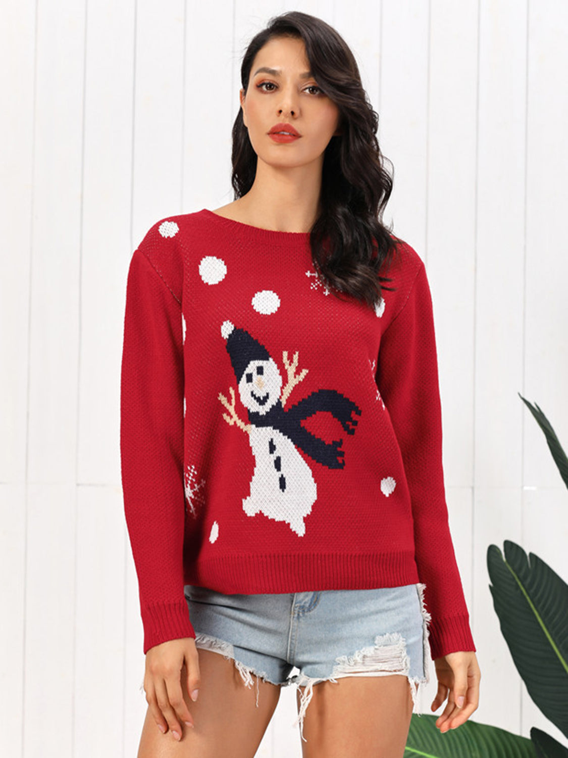 Snowman Round Neck Sweater in deep red