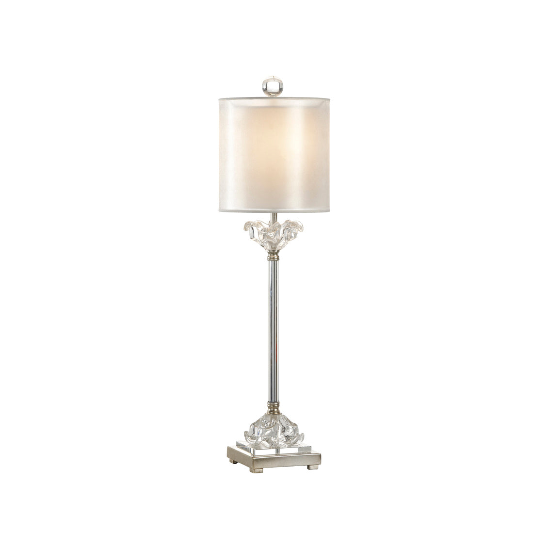 Celine Table Lamp is brushed nickel column with crystal plinth