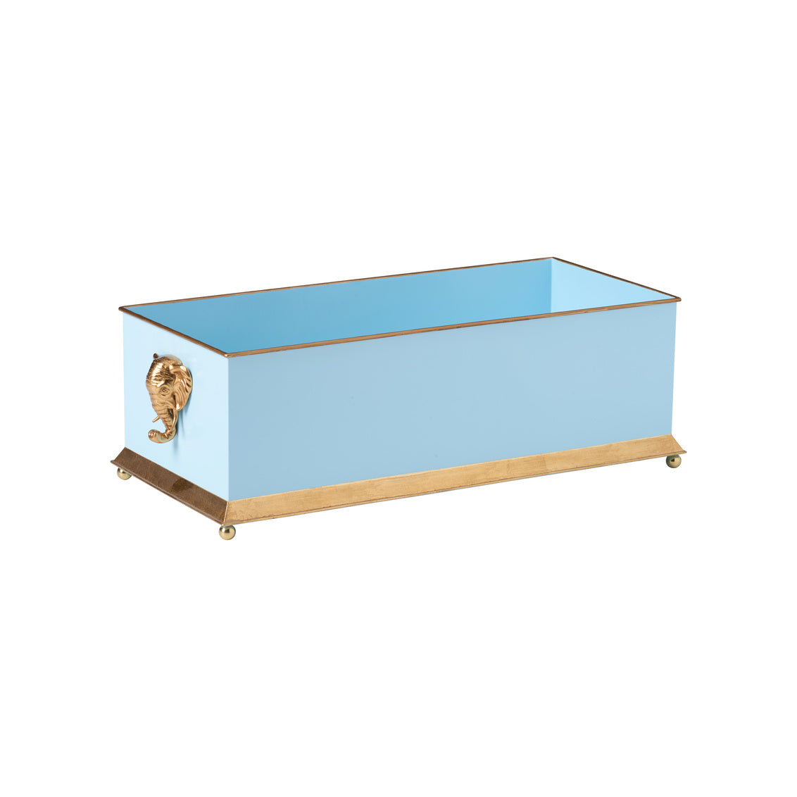 Elephant Head Planter - Blue metal planter with light blue finish and gold leaf