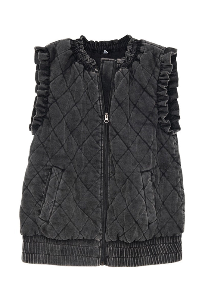 Garment Washed Quilted Ruffle Sleeve Vest - Charcoal