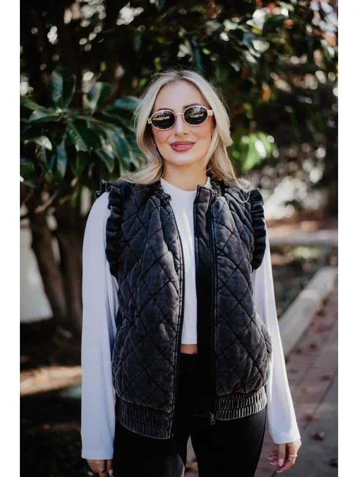 Garment Washed Quilted Ruffle Sleeve Vest - Charcoal