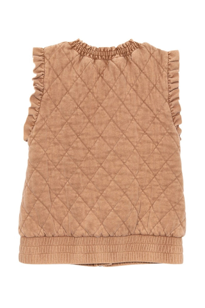 Garment Washed Quilted Ruffle Sleeve Vest - Brown