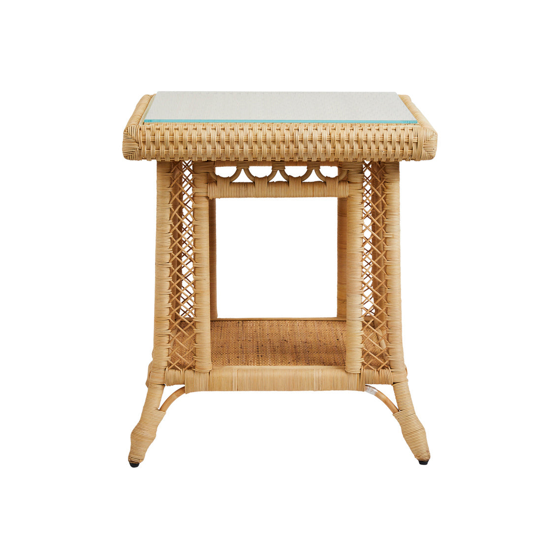 Hope Town Side Table by Amanda Lindroth front view. Natural rattan with glass top.