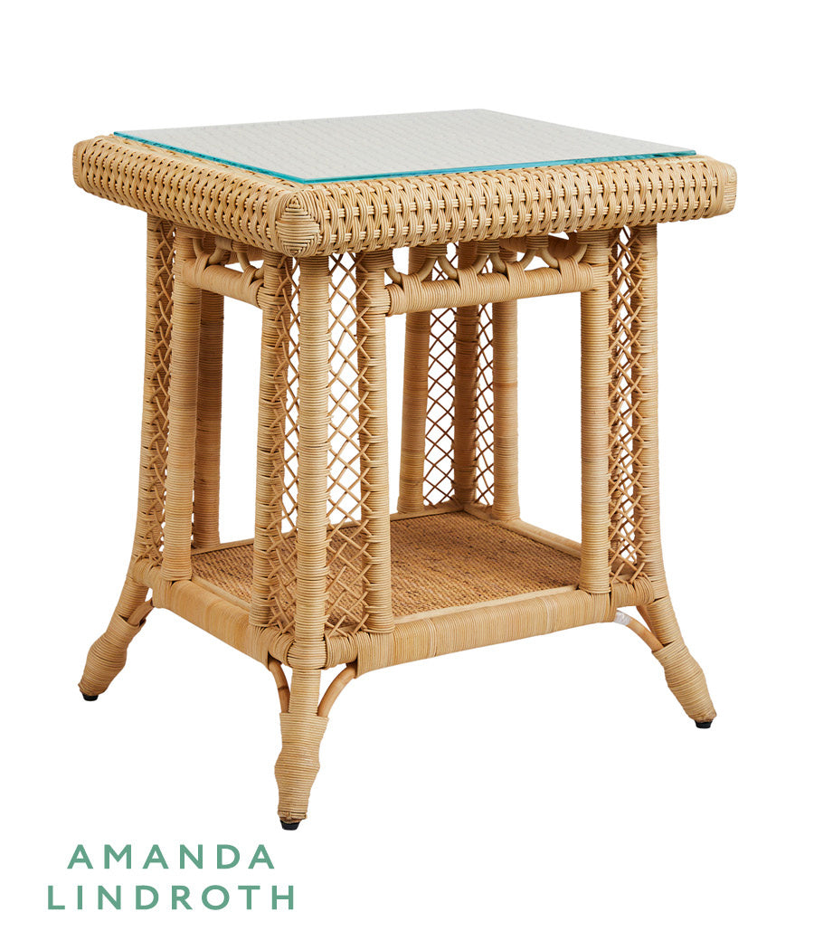 Hope Town Side Table by Amanda Lindroth in natural rattan with glass top.