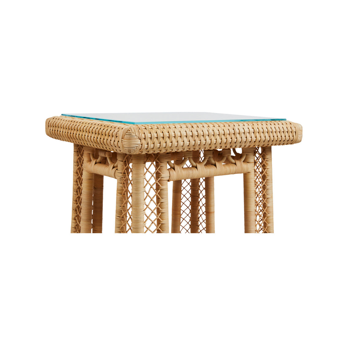 Hope Town Side Table by Amanda Lindroth top view. Natural rattan with glass top.