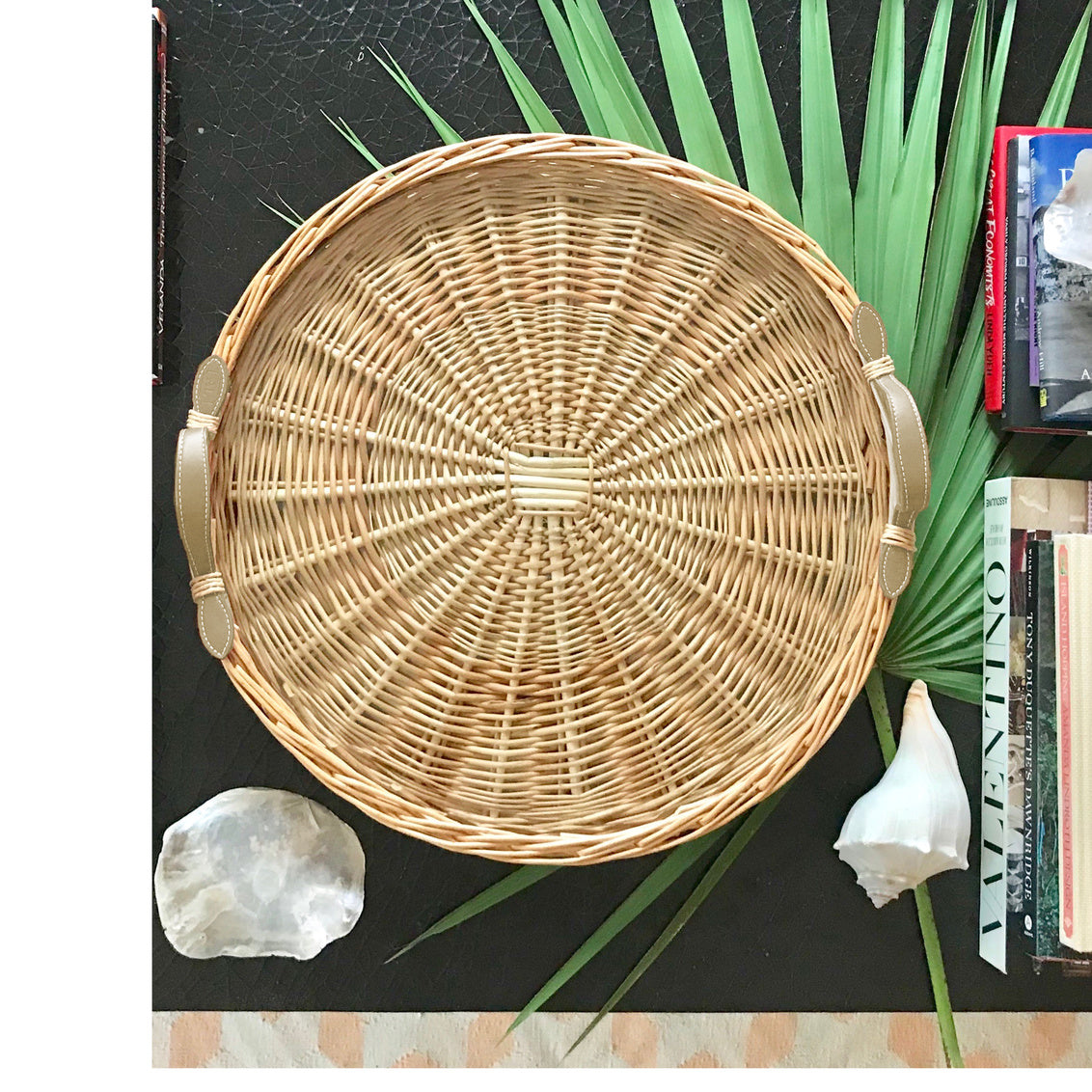 Island Tray Round-Large made from rattan with a glass insert. From Amanda Lindroth