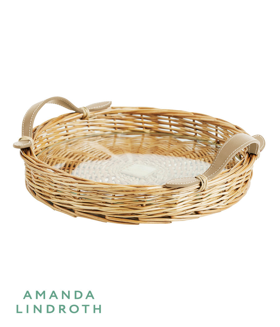 Island Tray Round-Large of rattan with leather handles from Amanda Lindroth