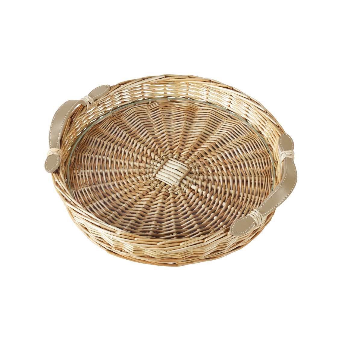Island Tray Round-Small has a glass insert and leather handles. Rattan. From Amanda Lindroth