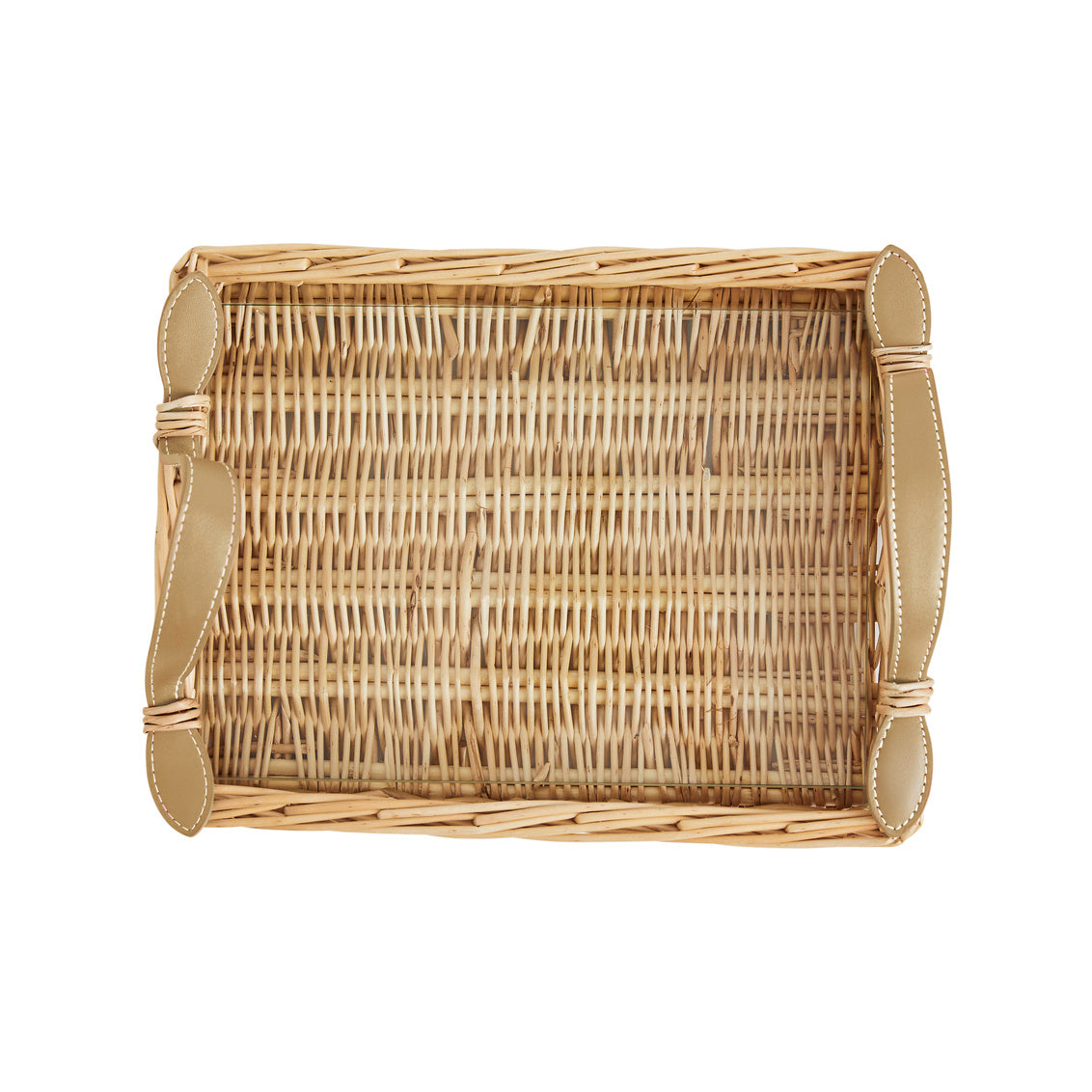Island Tray-Small by Amanda Lindroth. Top view, leather handles and glass insert.
