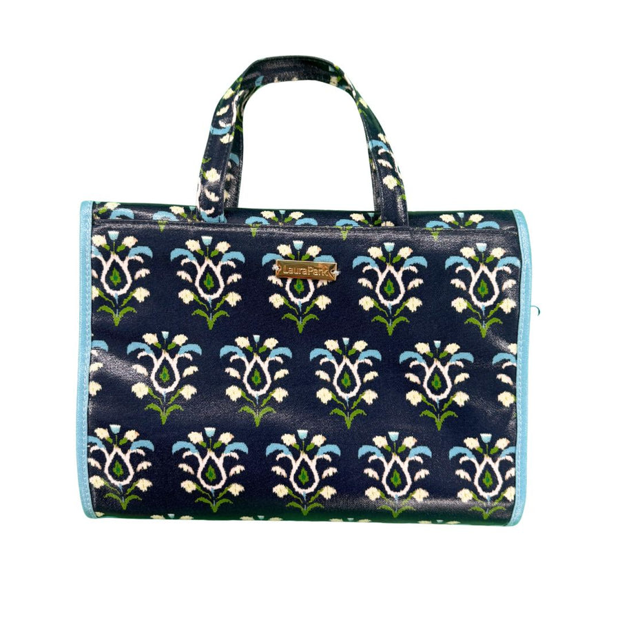 Rosemary Indigo Hanging Travel Case in deep Indigo and rich blues and green