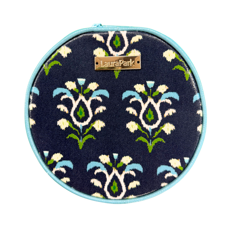 Rosemary Indigo Round Jewelry Case with rich shades of blue and thoughtful detail