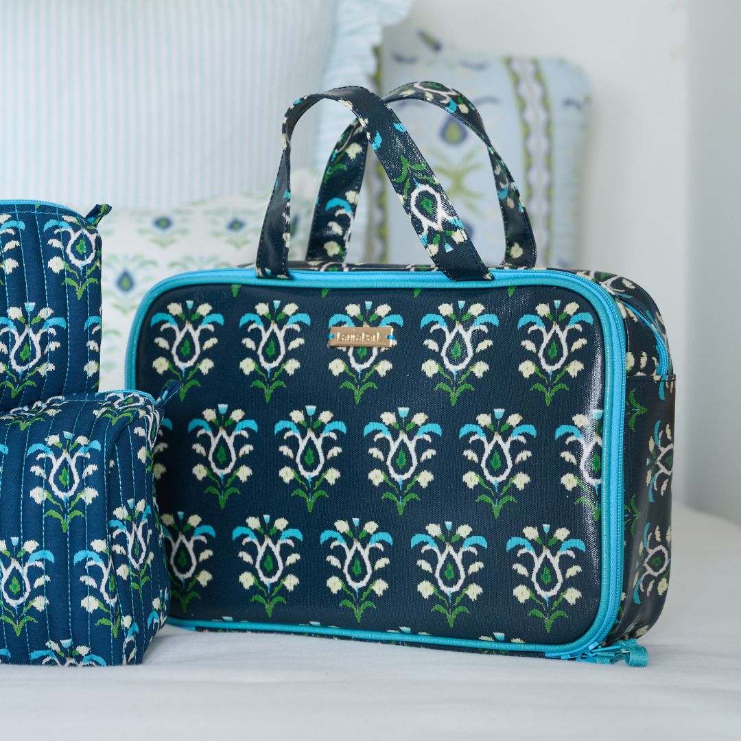 Rosemary Indigo Travel Case has a cotton shell with vinyl coating