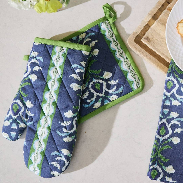 Rosemary Stripe Indigo Oven Mitt and Pot Holder Set adds artful charm and everyday function