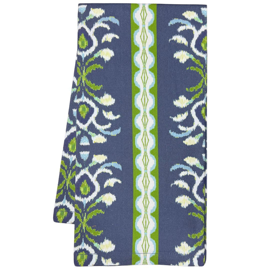 Rosemary Stripe Indigo Tea Towel has deep indigo blue with green and white patterns